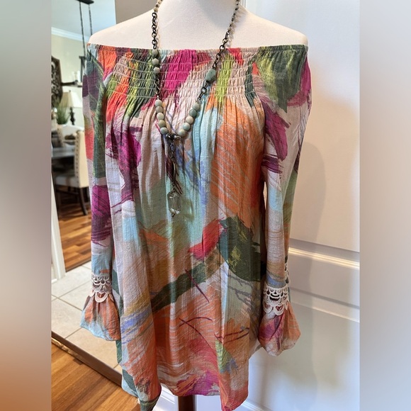 Vibrant Floral Abstract Tunic – Off-Shoulder Beauty - Picture 1 of 7